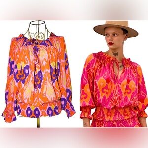 Feather & Find The Shanti Top, 3/4 Blouson Sleeves, Multicolored w/ Ruffles, M
